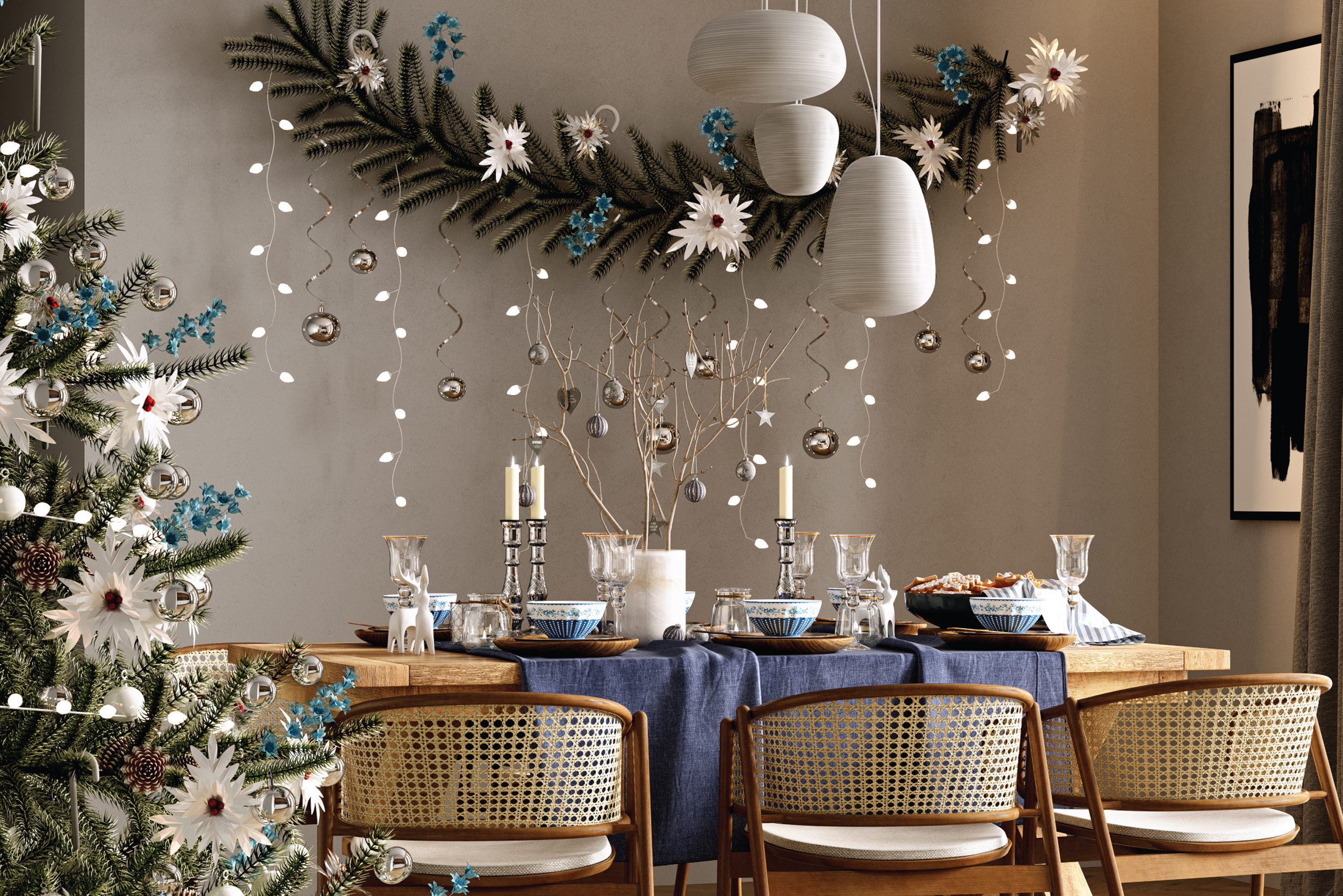 holiday decorations in a dining room